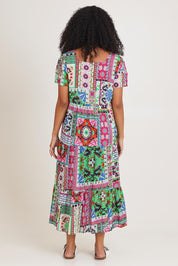 Model Ziara wearing size 10 of the Sao Bento Square Neckline Layers Cotton Dress in colour Print, from the back