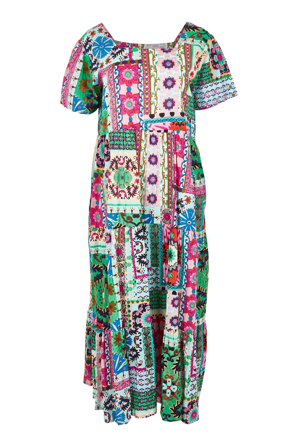 Product shot of the Sao Bento Square Neckline Layers Cotton Dress in colour Print, from the front