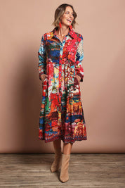 Model Riina wearing size 10 of the Midi Collar Dress in colour Nippori (Red), from the front, showing the whole outfit