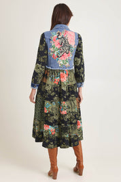 Model Madeline wearing size 10 of the Denim Mix Collar Dress in colour Keqioa (Green), from the back