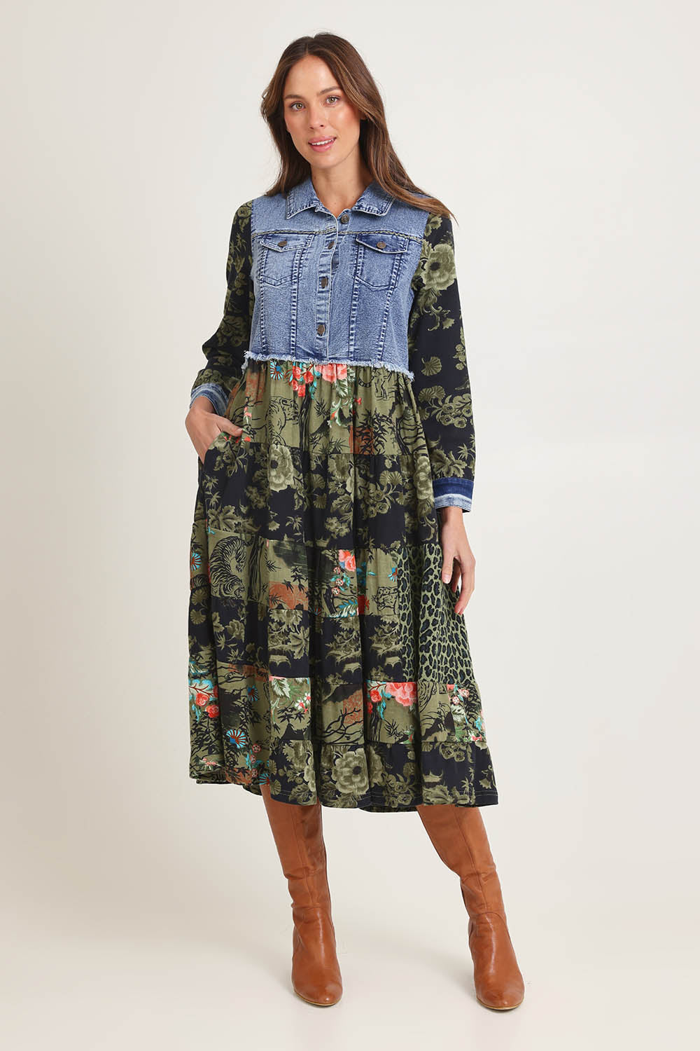 Model Madeline wearing size 10 of the Denim Mix Collar Dress in colour Keqioa (Green), from the front, showing the whole outfit