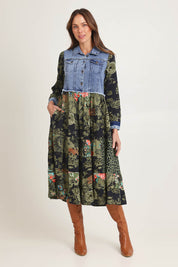 Model Madeline wearing size 10 of the Denim Mix Collar Dress in colour Keqioa (Green), from the front, showing the whole outfit