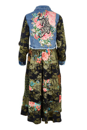 Product shot of the Denim Mix Collar Dress in colour Keqioa (Green), from the back