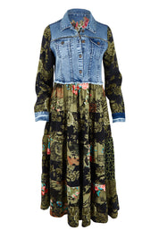 Product shot of the Denim Mix Collar Dress in colour Keqioa (Green), from the front