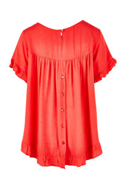 Product shot of the Essentials Linen Blend Frill Top in colour Luscious (Red), from the back