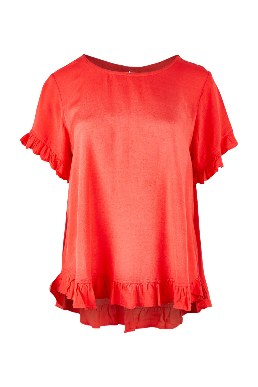Product shot of the Essentials Linen Blend Frill Top in colour Luscious (Red), from the front