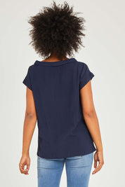 Model Olivia wearing size 10 of the Essentials Linen Blend Folded Neckline Top in colour Navy (Blue), from the back