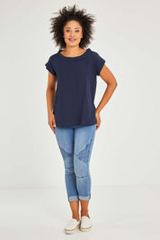 Model Olivia wearing size 10 of the Essentials Linen Blend Folded Neckline Top in colour Navy (Blue), from the front, showing the whole outfit