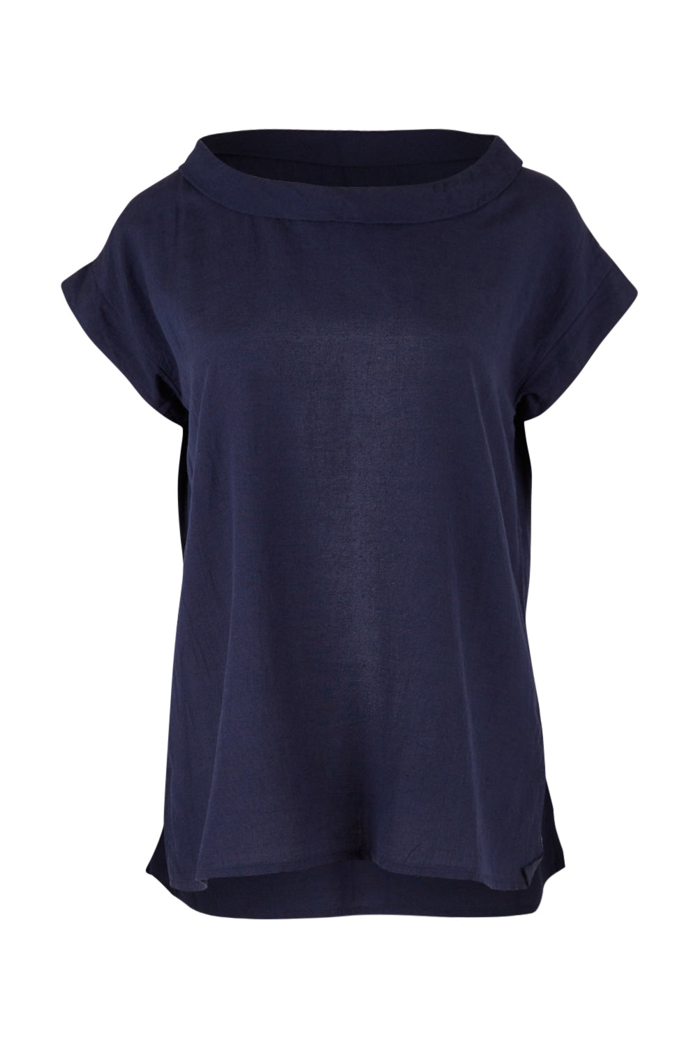 Product shot of the Essentials Linen Blend Folded Neckline Top in colour Navy (Blue), from the front