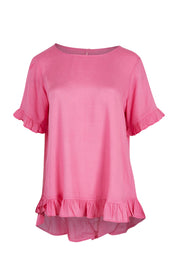 Product shot of the Essentials Frill Top in colour Rose (Pink), from the front