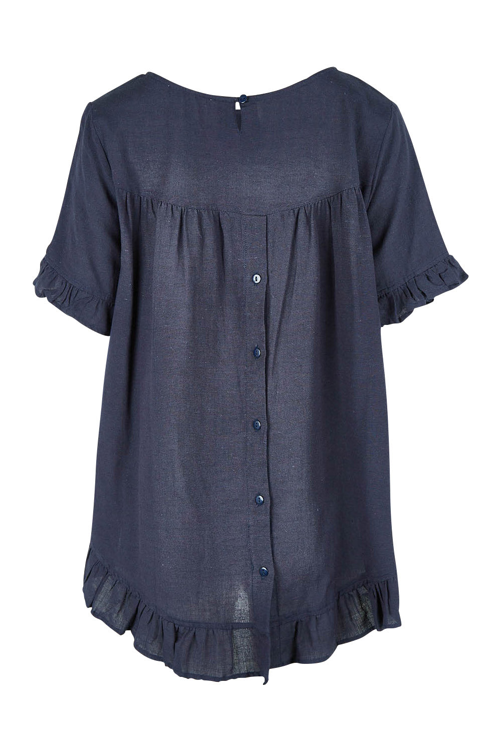 Product shot of the Essentials Linen Blend Frill Top in colour Navy (Blue), from the back
