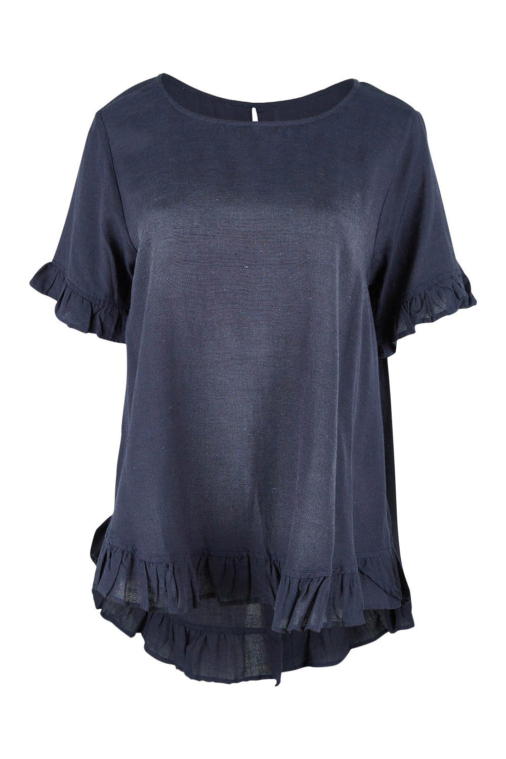 Product shot of the Essentials Linen Blend Frill Top in colour Navy (Blue), from the front