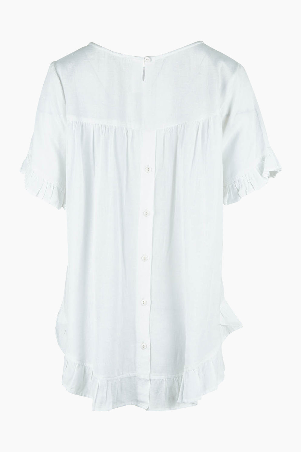 Product shot of the Essentials Linen Blend Frill Top in colour White (White), from the back