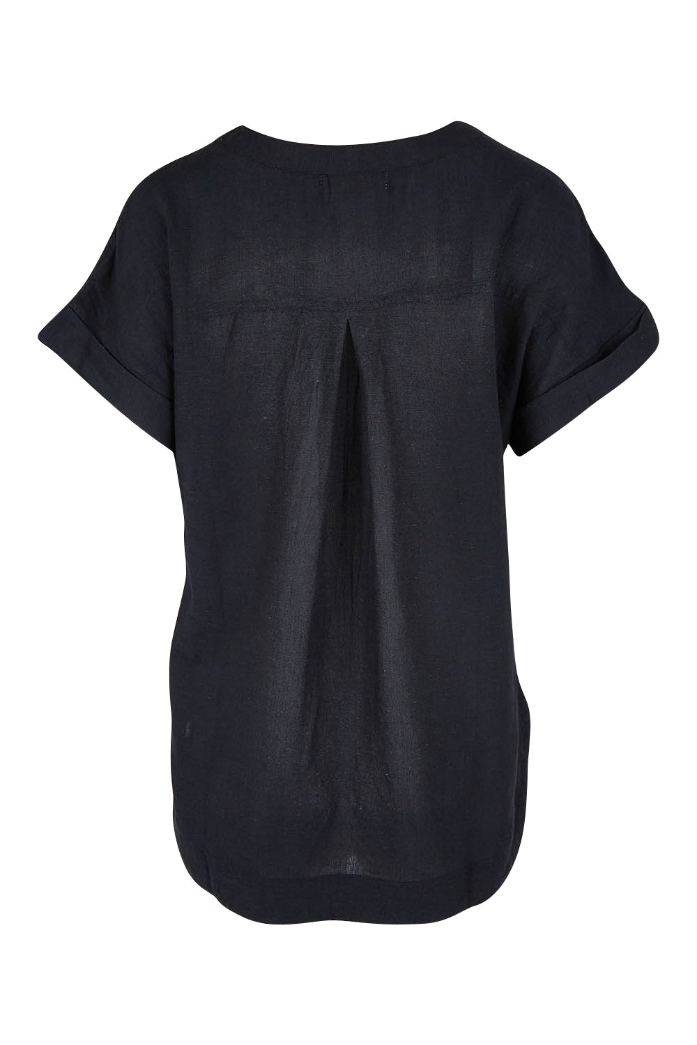 Product shot of the Essentials Linen Blend Manderin Collar Top in colour Black (Black), from the back