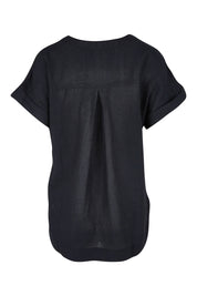 Product shot of the Essentials Linen Blend Manderin Collar Top in colour Black (Black), from the back