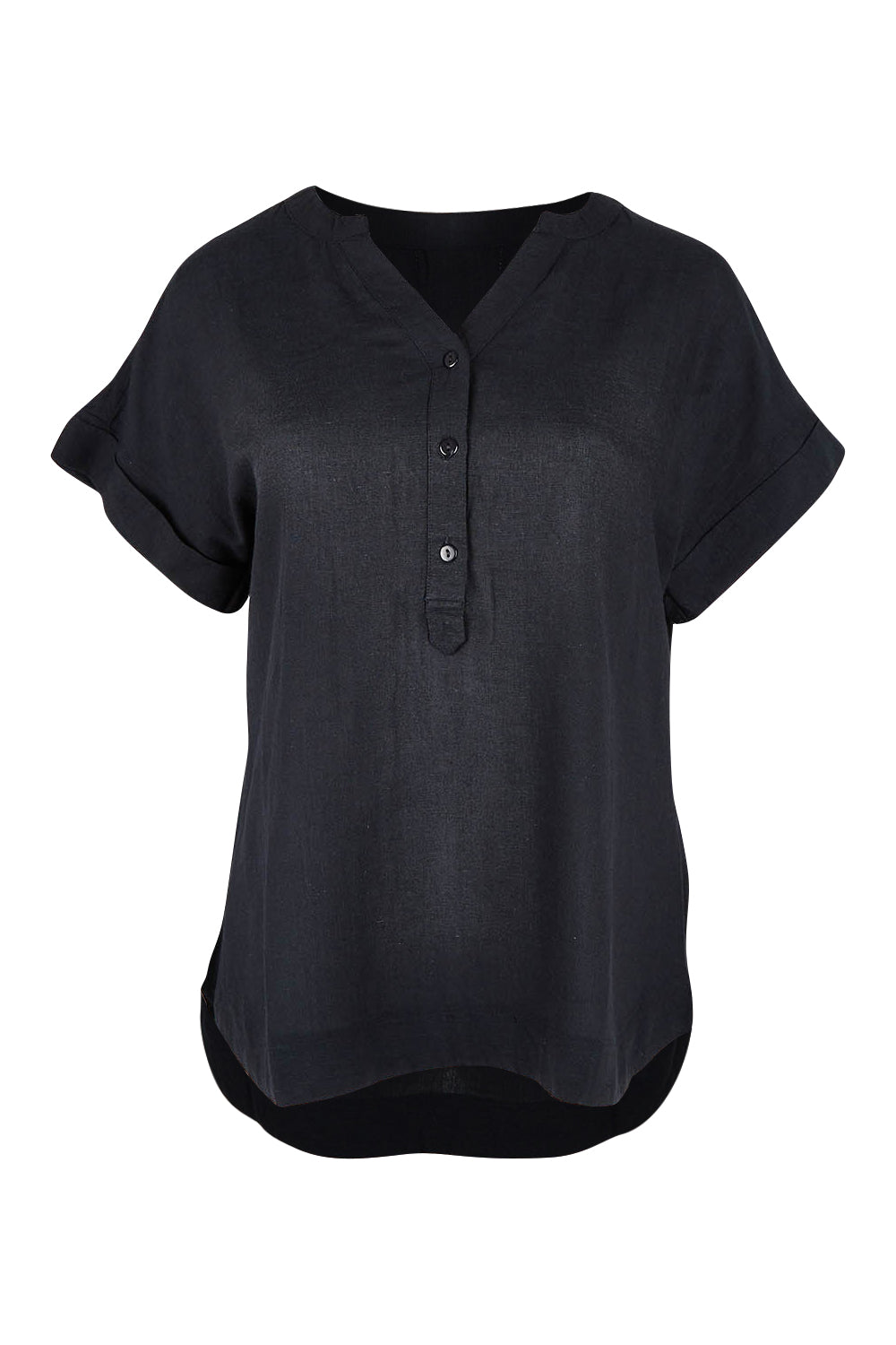 Product shot of the Essentials Linen Blend Manderin Collar Top in colour Black (Black), from the front