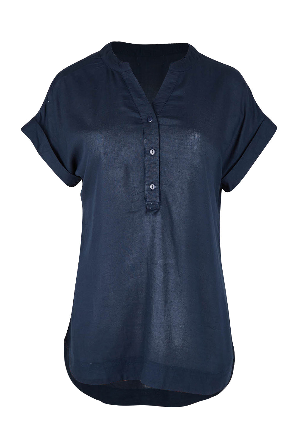 Product shot of the Essentials Linen Blend Manderin Collar Top in colour Navy (Blue), from the front