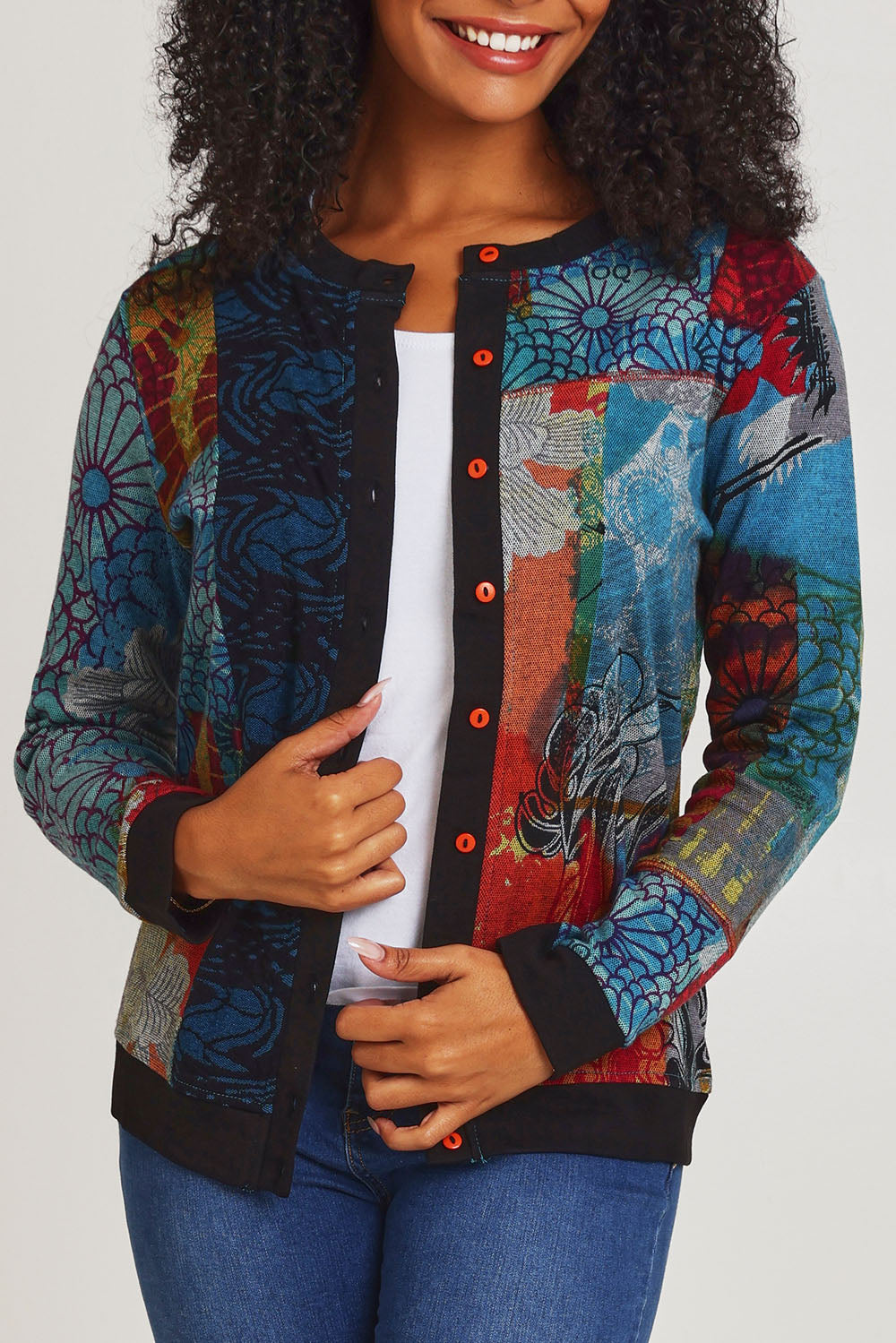 Model Ziara wearing size 10 of the Billie Jean Cotton Blend Cardigan in colour Billiejean, from the front, cropped image