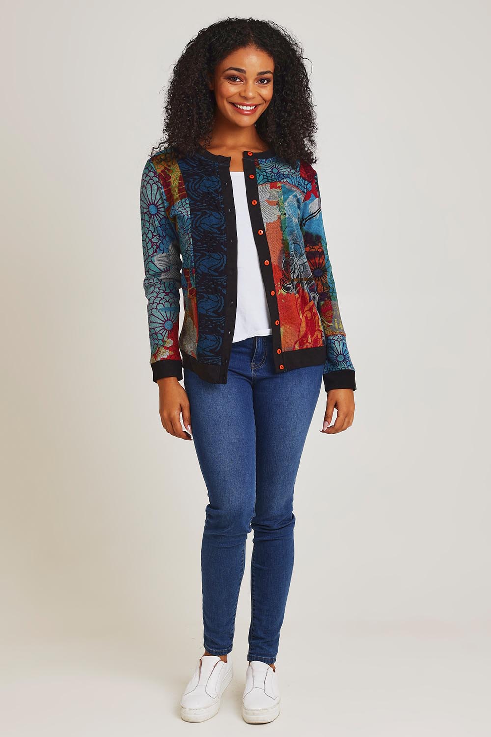 Model Ziara wearing size 10 of the Billie Jean Cotton Blend Cardigan in colour Billiejean, from the front, showing the whole outfit