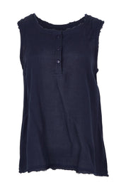 Product shot of the Essentials Linen Blend Frill Top in colour Navy (Blue), from the front
