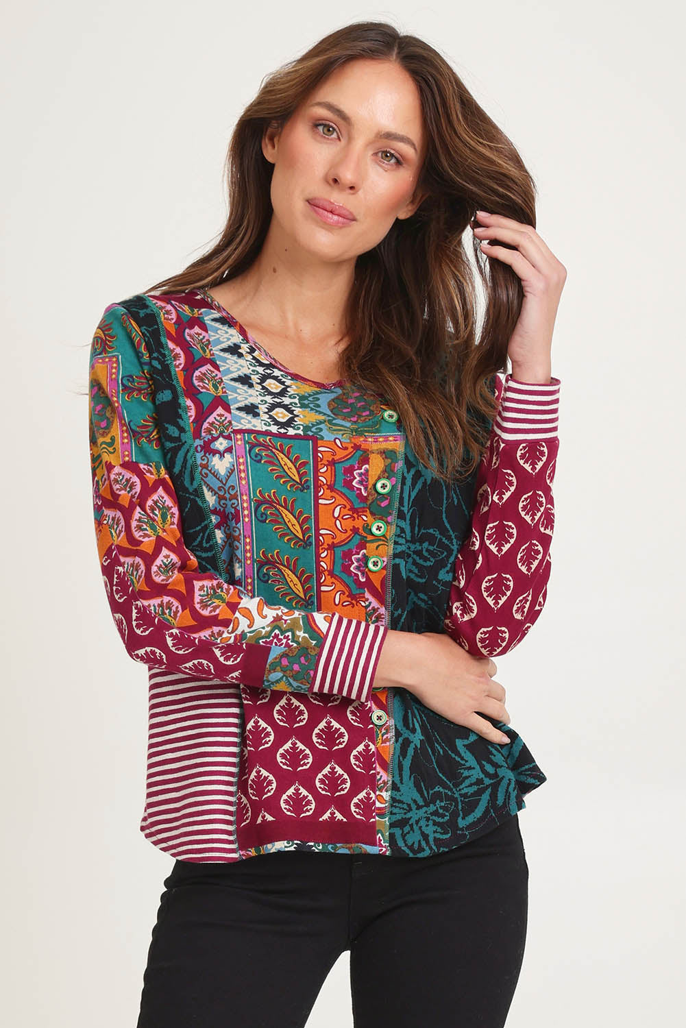 Model Madeline wearing size 10 of the Patch Top in colour Prato, from the front, cropped image