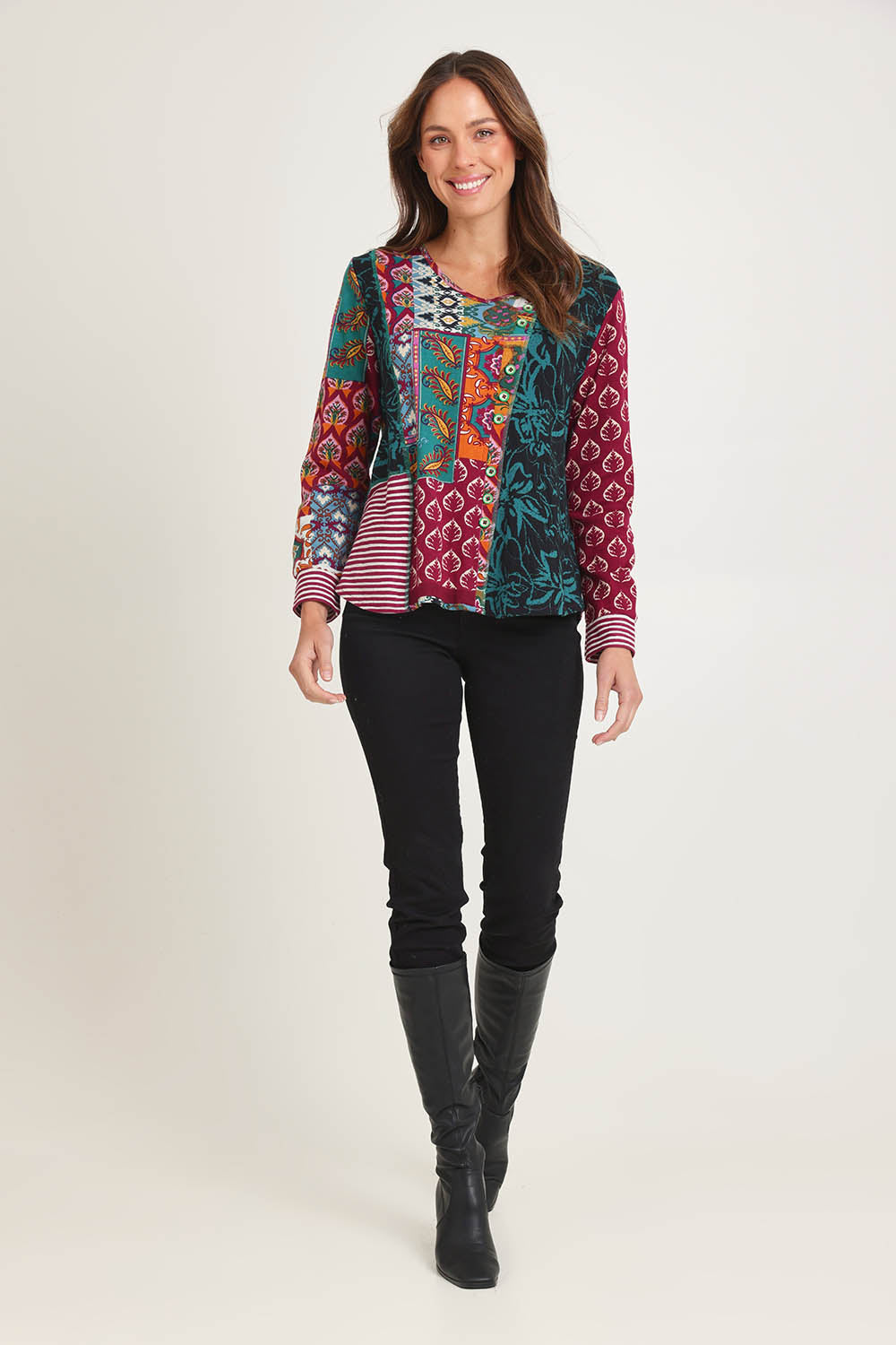 Model Madeline wearing size 10 of the Patch Top in colour Prato, from the front, showing the whole outfit