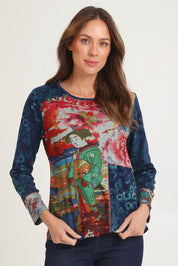 Model Madeline wearing size 10 of the Patch Top in colour Nippori (Blue), from the front, cropped image