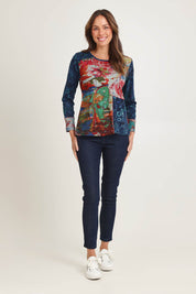 Model Madeline wearing size 10 of the Patch Top in colour Nippori (Blue), from the front, showing the whole outfit
