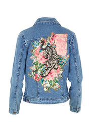 Product shot of the Denim Jacket in colour Keqioa (Blue), from the back