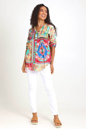 Model Pamelar wearing size 10 of the Pleated Top – Print in colour Print, from the front