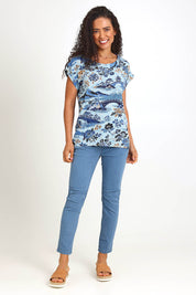 Model Pamelar wearing size 10 of the Rolled Neckline Top – Print in colour Print, from the front