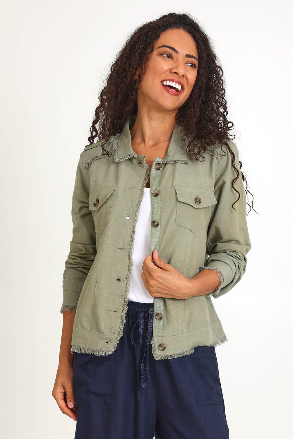 Essentials Linen Blend Fringe Jacket - Khaki
