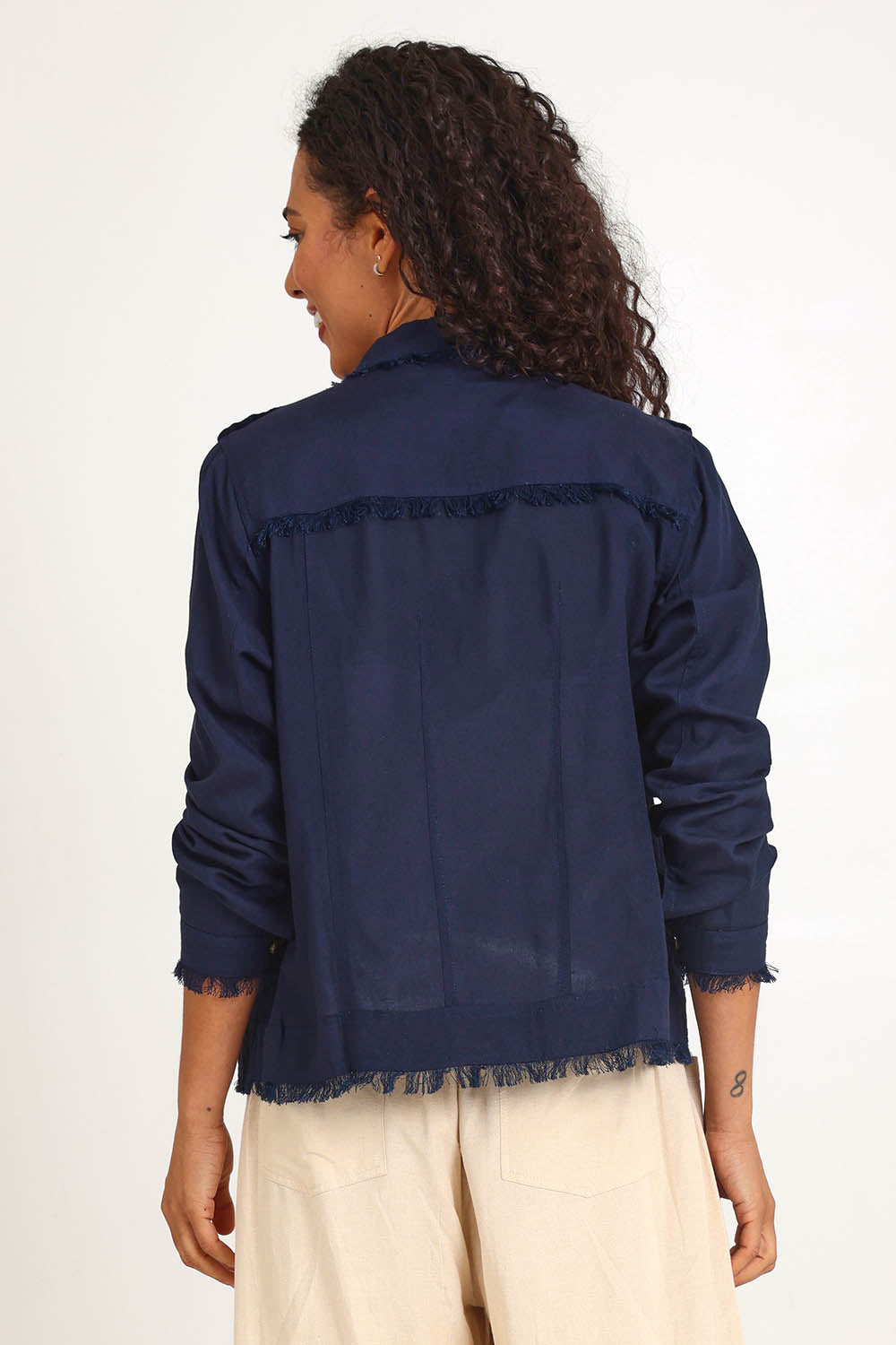 Essentials Linen Blend Fringe Jacket - Navy