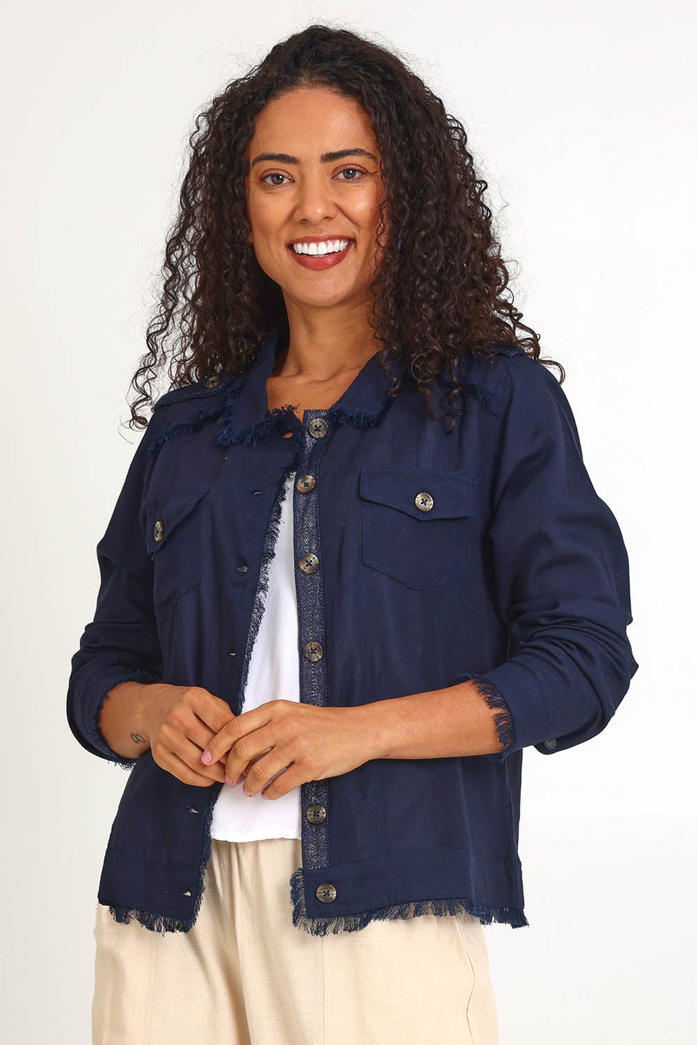 Essentials Linen Blend Fringe Jacket - Navy