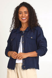 Essentials Linen Blend Fringe Jacket - Navy