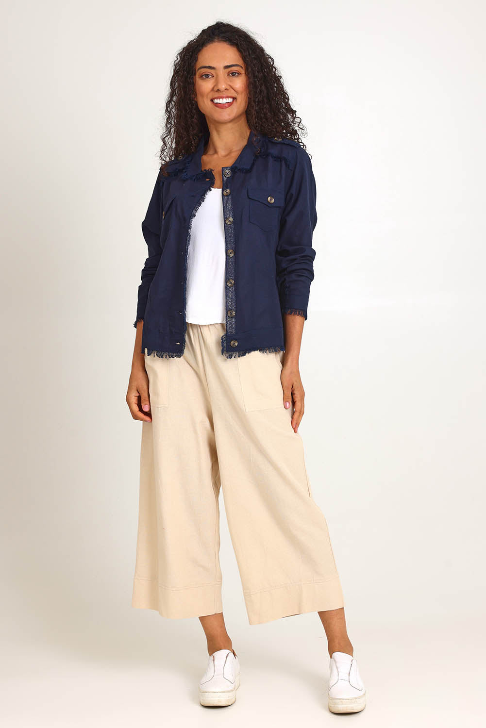 Essentials Linen Blend Fringe Jacket - Navy