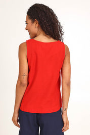 Model Pamelar wearing size 10 of the Essentials Linen Blend Cami - Red in colour Red, from the back
