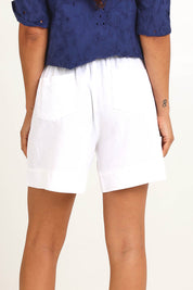 Model Pamelar wearing size 10 of the Essentials Linen Blend Shorts - White in colour White, from the back