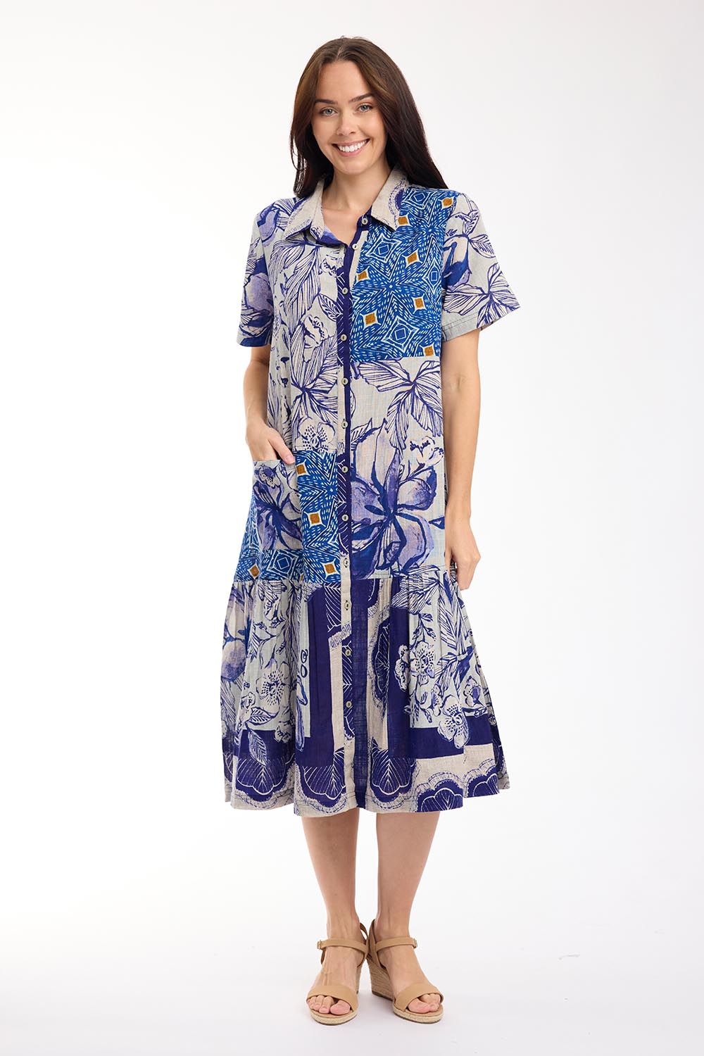 Model Genericm wearing size sample of the Long Patch Dress – Print in colour Print, from the front