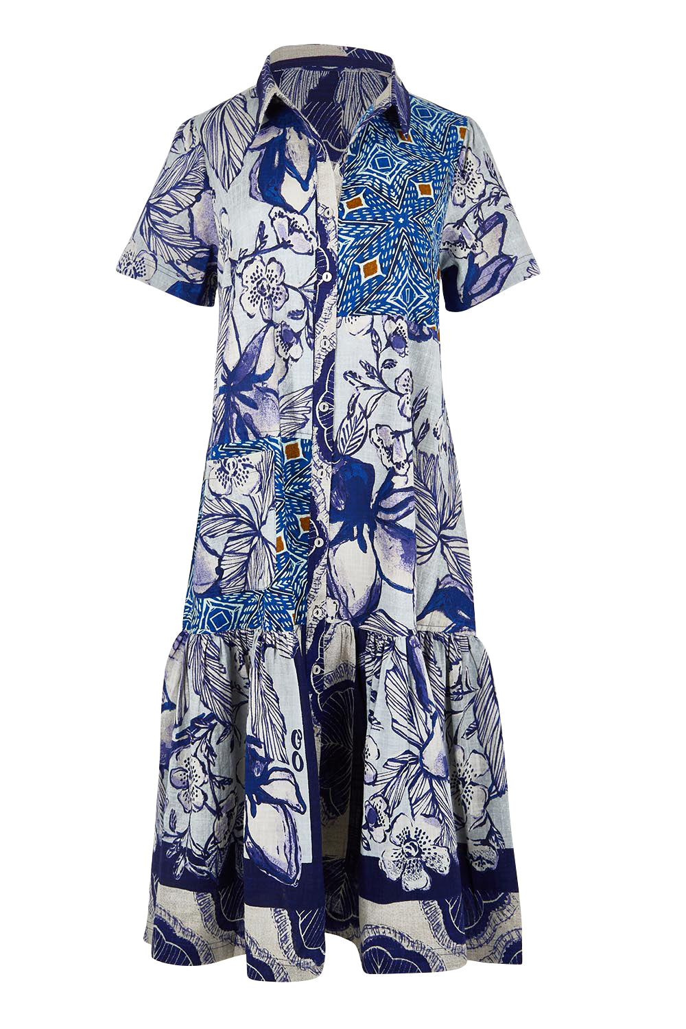 Product shot of the Long Patch Cotton Dress – Print in colour Print, from the front