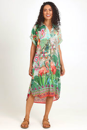 Model Pamelar wearing size 10 of the Collar Shirt Dress – Flamengo in colour Flamengo, from the front