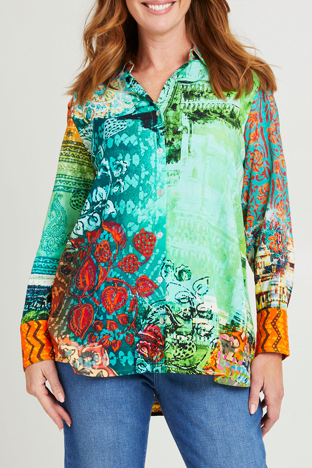 Model Katie wearing size 10 of the Digital Long Collar Shirt in colour Mix4 (Green), from the front, cropped image
