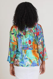 Model Ziara wearing size 10 of the Digital Kimono in colour Oriental, from the back
