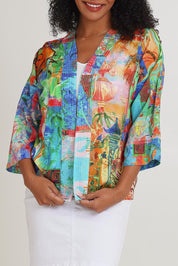 Model Ziara wearing size 10 of the Digital Kimono in colour Oriental, from the front, cropped image