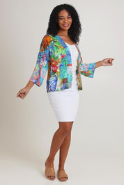 Model Ziara wearing size 10 of the Digital Kimono in colour Oriental, from the front, showing the whole outfit