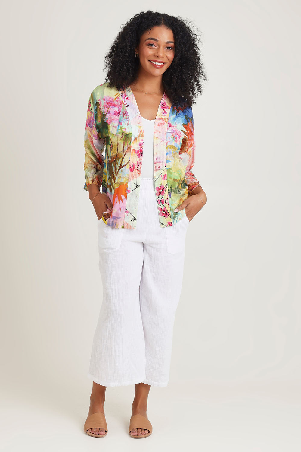 Model Ziara wearing size 10 of the Digital Kimono in colour Scenic, from the front, showing the whole outfit