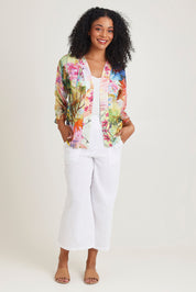 Model Ziara wearing size 10 of the Digital Kimono in colour Scenic, from the front, showing the whole outfit