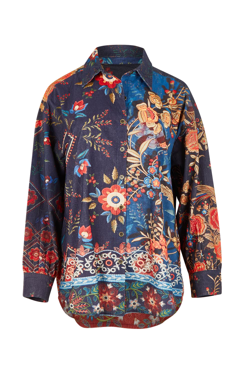 Product shot of the Cord Shirt in colour Embroidery (Blue), from the front