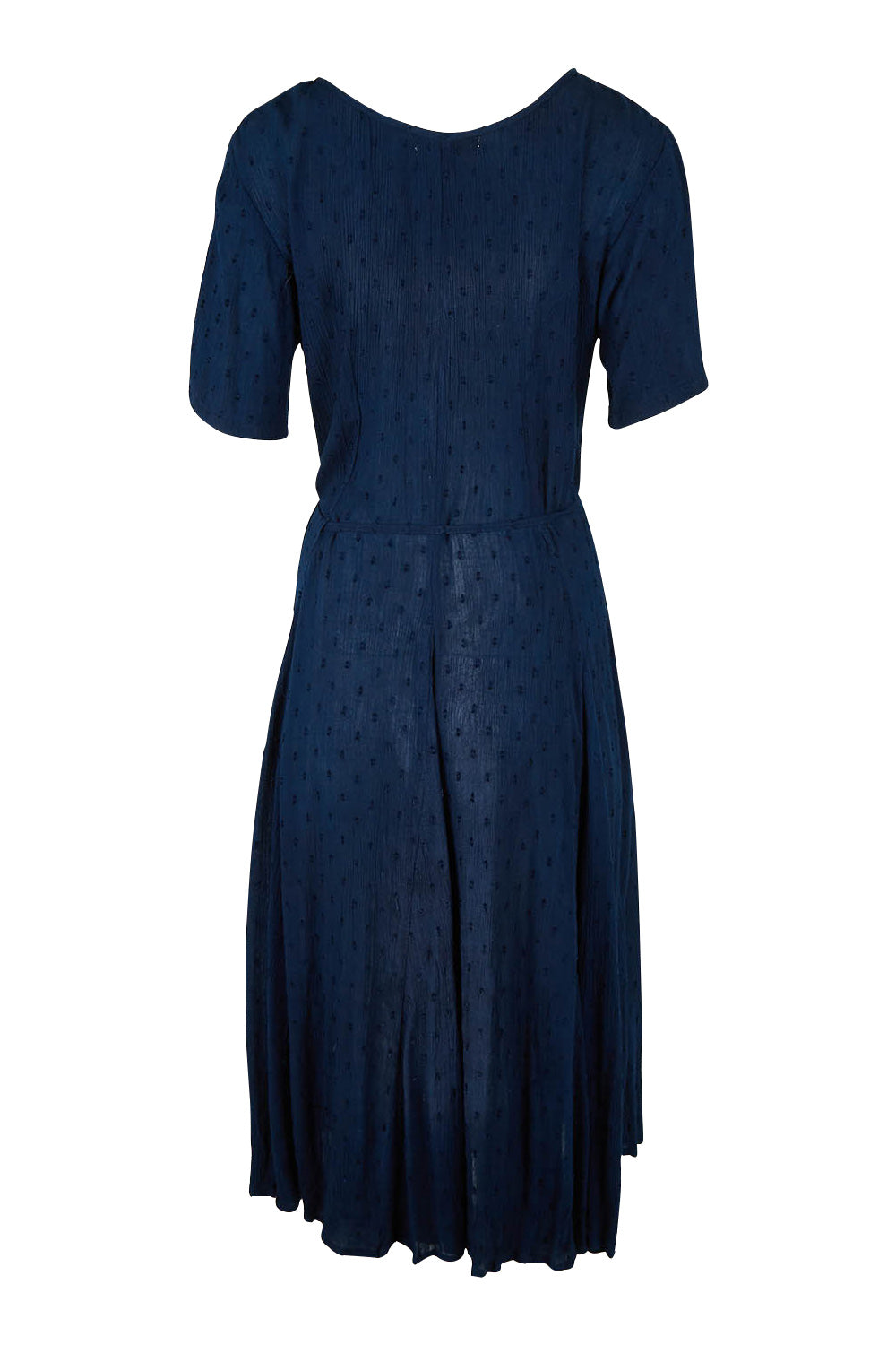 Product shot of the Essentials Godet Short Sleeve Dress in colour Navy (Blue), from the back