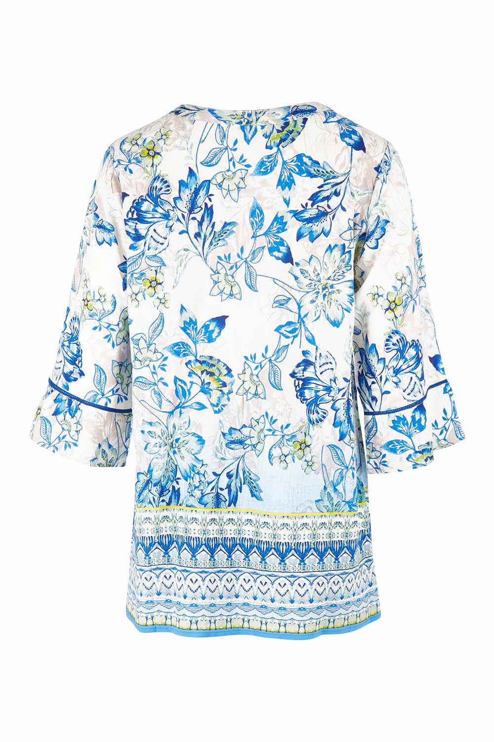 Product shot of the Rhodes Pleated Top in colour Print (Blue), from the back